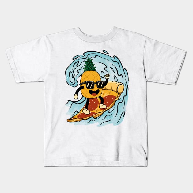 Surfing Pineapple Pizza Kids T-Shirt by zeroaxis